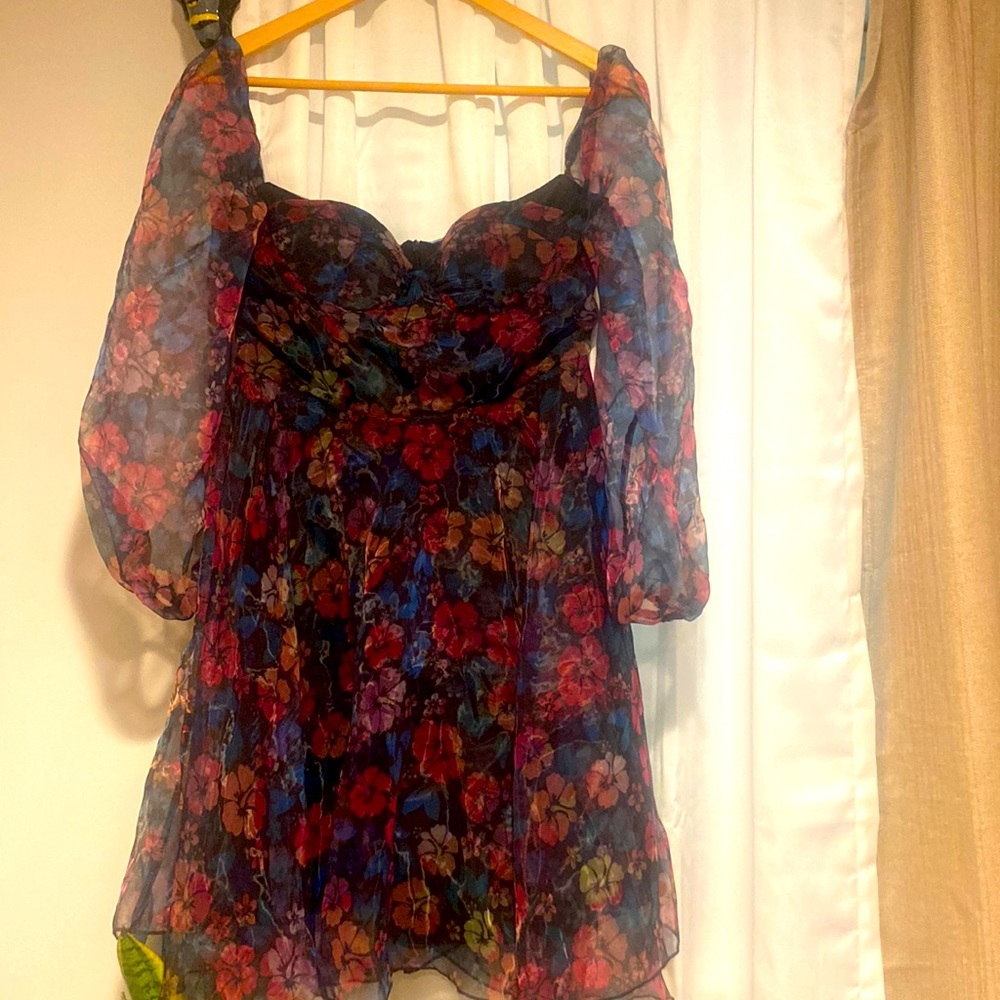 Missord Floral Print Lantern Sleeve Mesh Dress